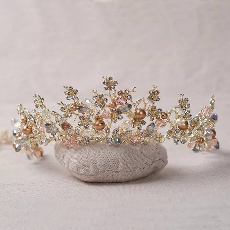 Gold Bridal Tiara Encrusted with Crystals-Wedding Hair Accessories,Brides Hair Jewellery-Gold Wedding Crown-Tiaras for Brides-Pearl Tiara