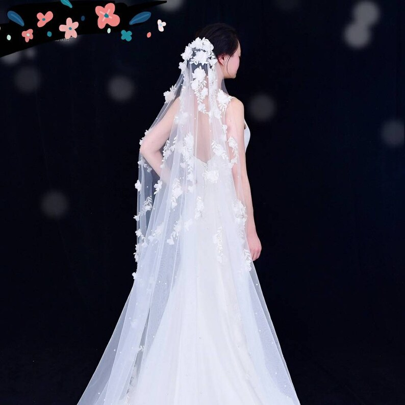 White Cathedral Bridal Veil with 3D Flowers Ivory Chapel Veil Long Floral Veil with comb Floral Wedding Veil 300 cms In White or Ivory