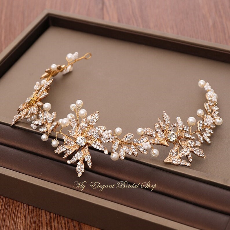 Gold /& Crystal Floral Bridal Hair vine-Crystal Wedding Headpiece-Gold Wedding Headband-Bridesmaids Headdress-Hair Accessories for Brides