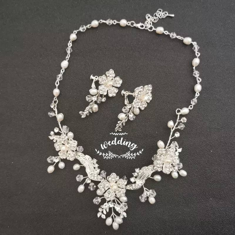 Silver Wedding Necklace & Earrings Set with Flowers-Floral | Etsy