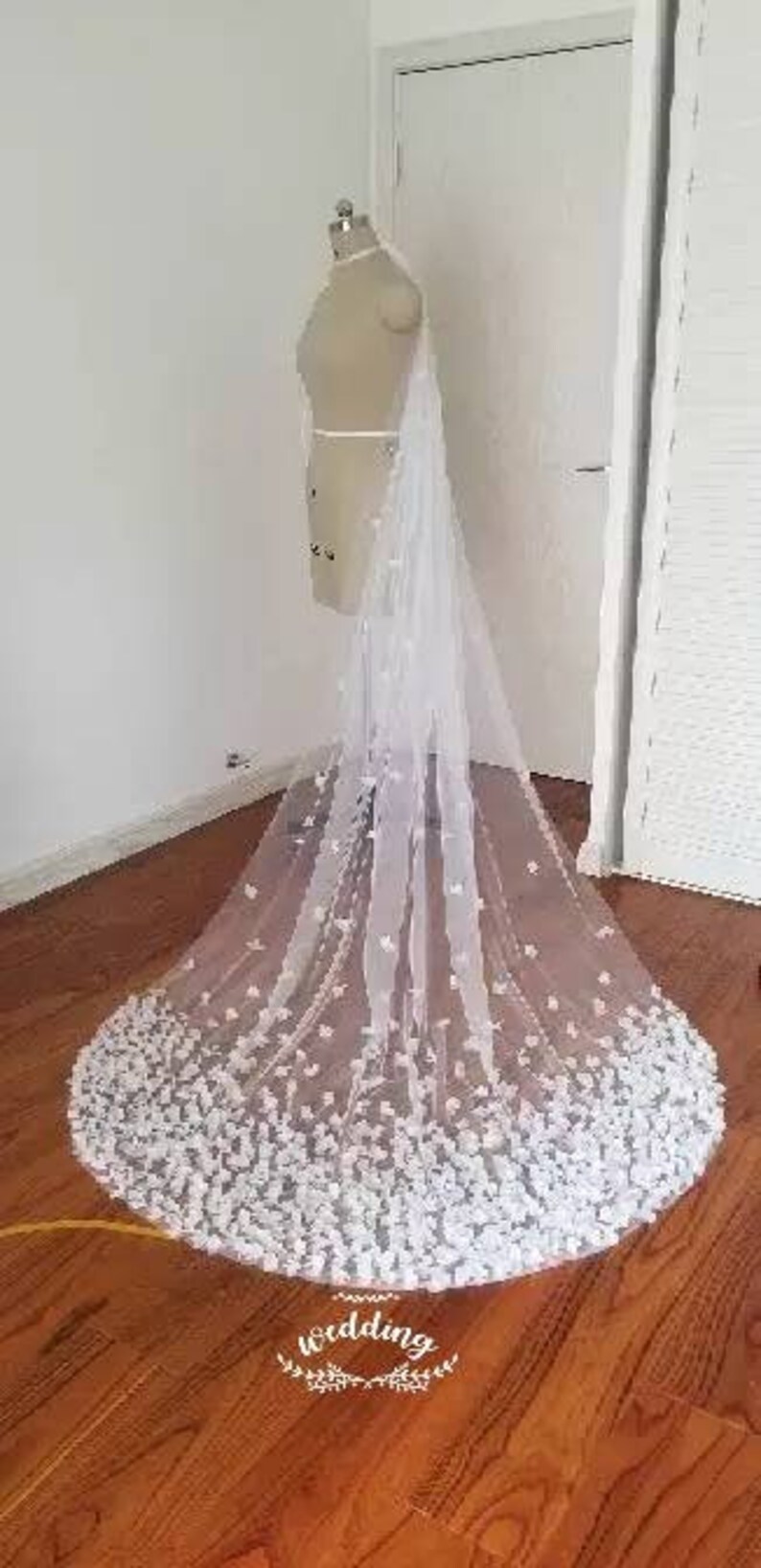 Chapel Wedding Veil with Pink petal Design in Ivory-Bridal Veil,ivory Veil,Floral Veil,Wedding Veil with comb-Wedding veil.Any colour petals
