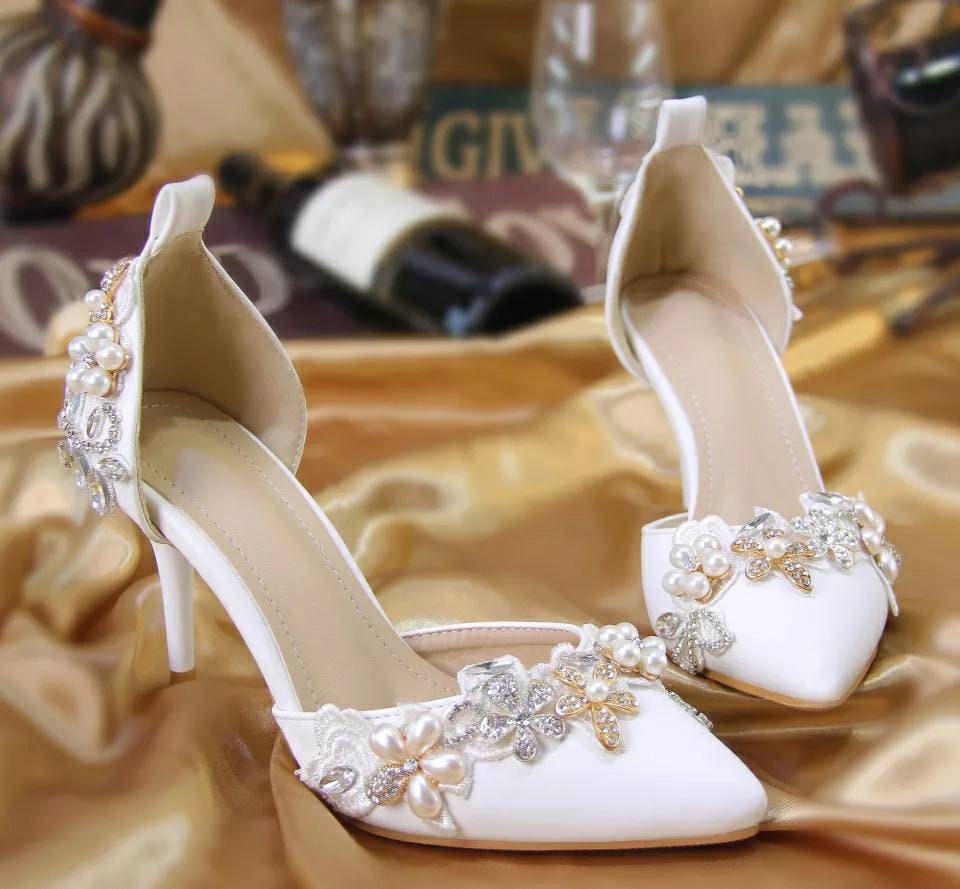 White Embellished Bridal Shoes Floral wedding Shoes in White | Etsy