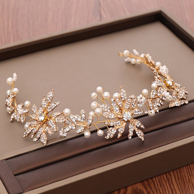 Gold /& Crystal Floral Bridal Hair vine-Crystal Wedding Headpiece-Gold Wedding Headband-Bridesmaids Headdress-Hair Accessories for Brides