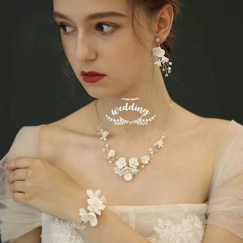 Gold Floral Bridal Necklace Earring & Bracelet setWedding Etsy