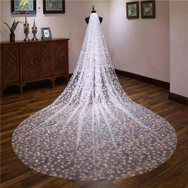 Cathedral Wedding Veil in ivory with Leaves /& Diamante-Bridal Veil,ivory Veil,Crystal Veil,Chapel Wedding Veil-Long Wedding veil with comb