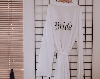 Womens Personalised Bridal Cotton Wrap Robe With Cuff Embroidered Wedding Date