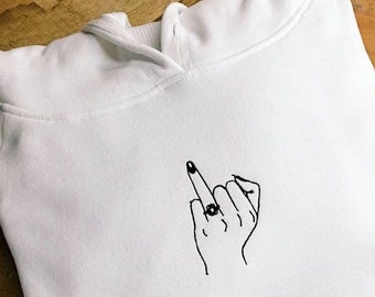 Does This Ring Make Me Look Engaged? Embroidered White Hoodie For Bride To Be. Flick The Ring Finger Hooded Jumper.