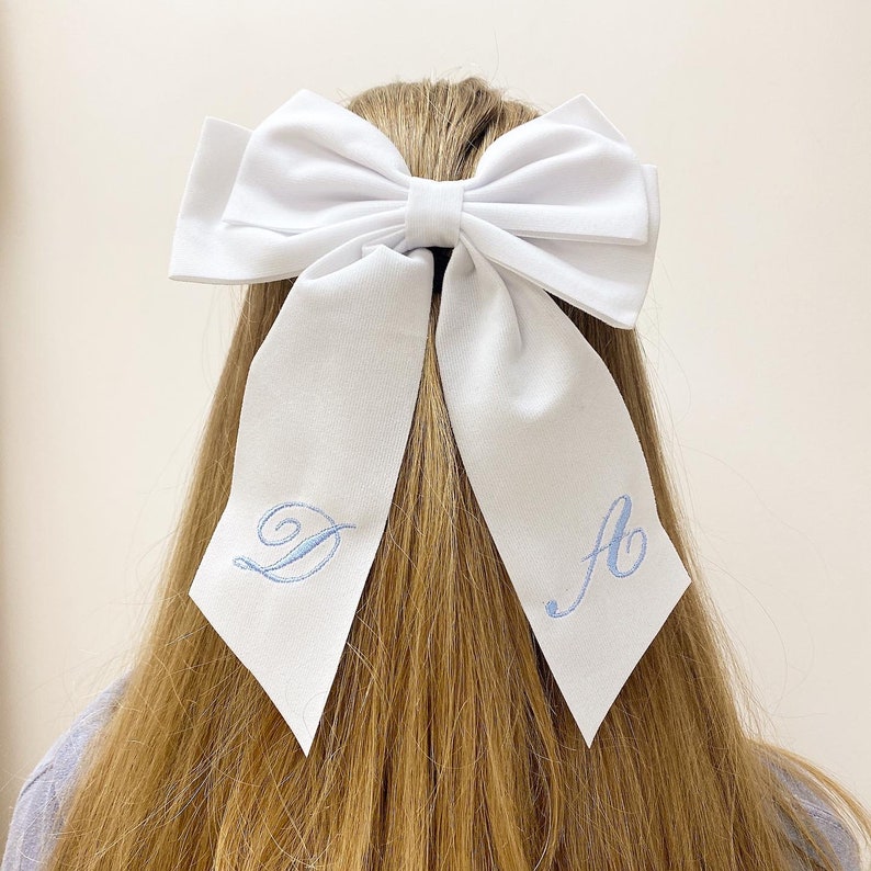 Classic White Velvet Bow Blue Monogram Embroidery image 5