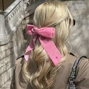 Classic Pink Velvet Hair Bow Optional Pink Monogram Embroidery image 1