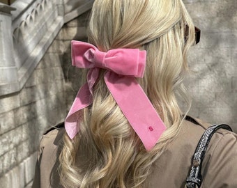 Classic Pink Velvet Hair Bow - Optional Pink Monogram Embroidery