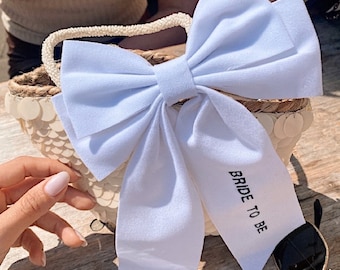 White Velvet Bow: Embroidered Bride To Be Hair Clip
