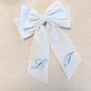 Classic White Velvet Bow Blue Monogram Embroidery image 2