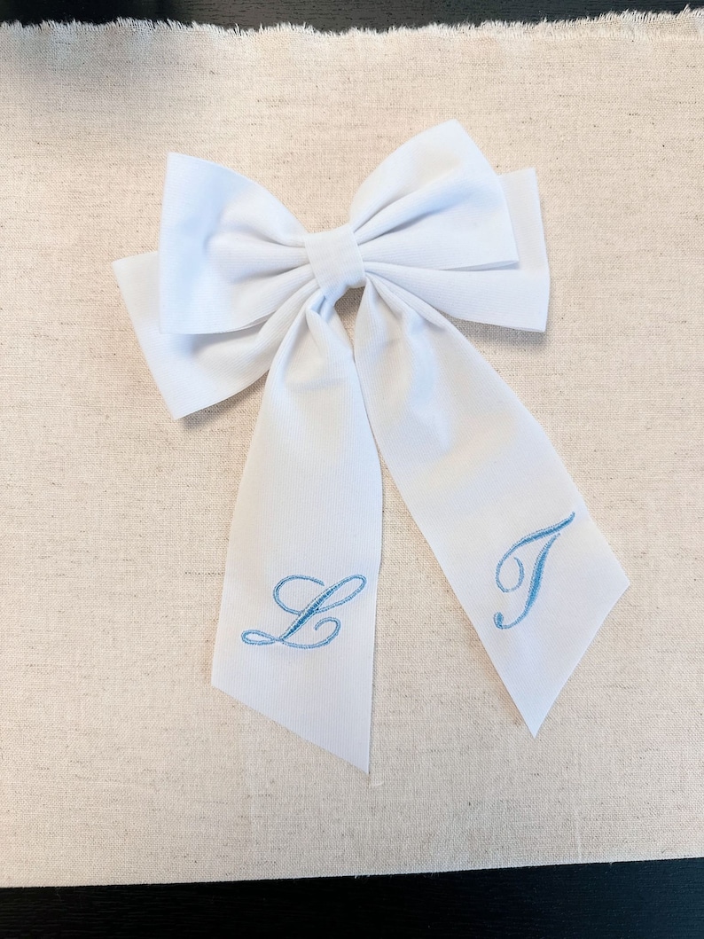 Classic White Velvet Bow Blue Monogram Embroidery image 2