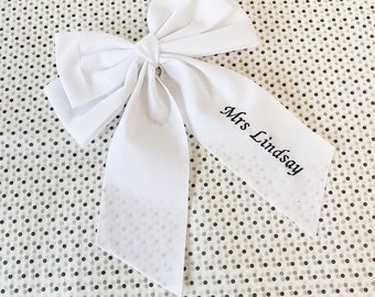 Classic White Velvet Bow - Custom Word Personalised Embroidery