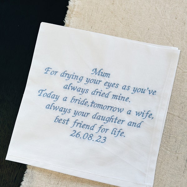 Mother Of The Bride Handkerchief | Cotton Wedding Handkerchief | Personalised Message Hanky  | Mother of the Bride Gift