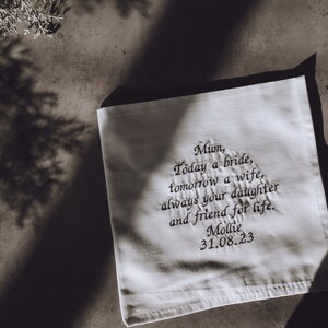 Mother Of The Bride Handkerchief Cotton Wedding Handkerchief Personalised Message Hanky Mother of the Bride Gift image 2