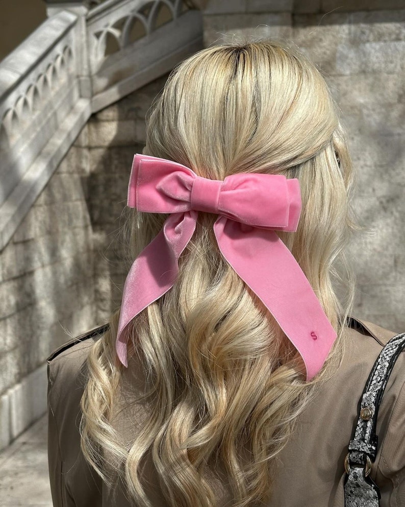 Classic Pink Velvet Hair Bow Optional Pink Monogram Embroidery image 3