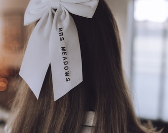 Personalised Bridal Velvet Hair Bow – Married Name Embroidery - Block Font