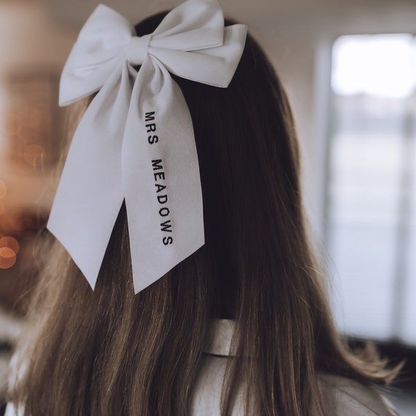 Classic White Velvet Hair Bow - Custom Word Personalised Embroidery