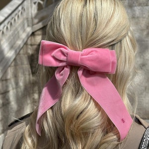 Classic Pink Velvet Hair Bow Optional Pink Monogram Embroidery image 2