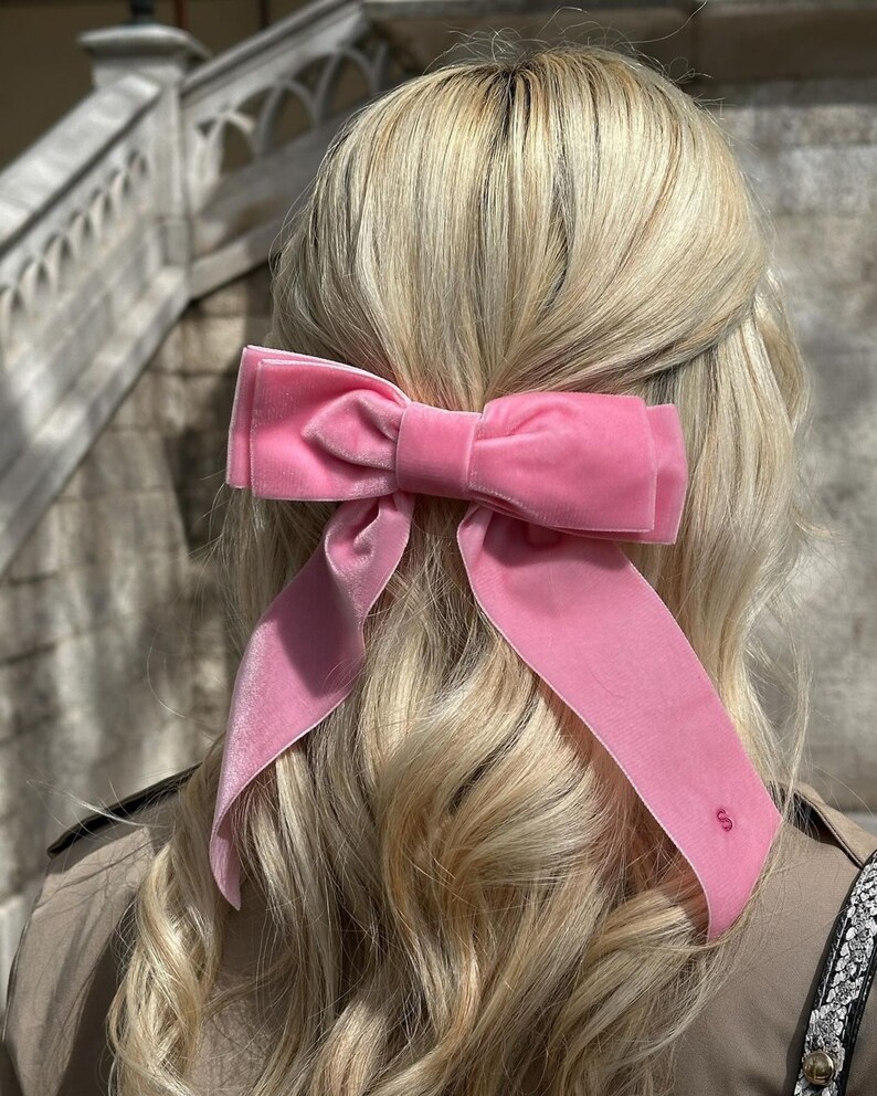 Classic Pink Velvet Hair Bow Optional Pink Monogram Embroidery image 2