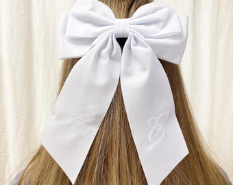 Classic White Velvet Bow - White Embroidery