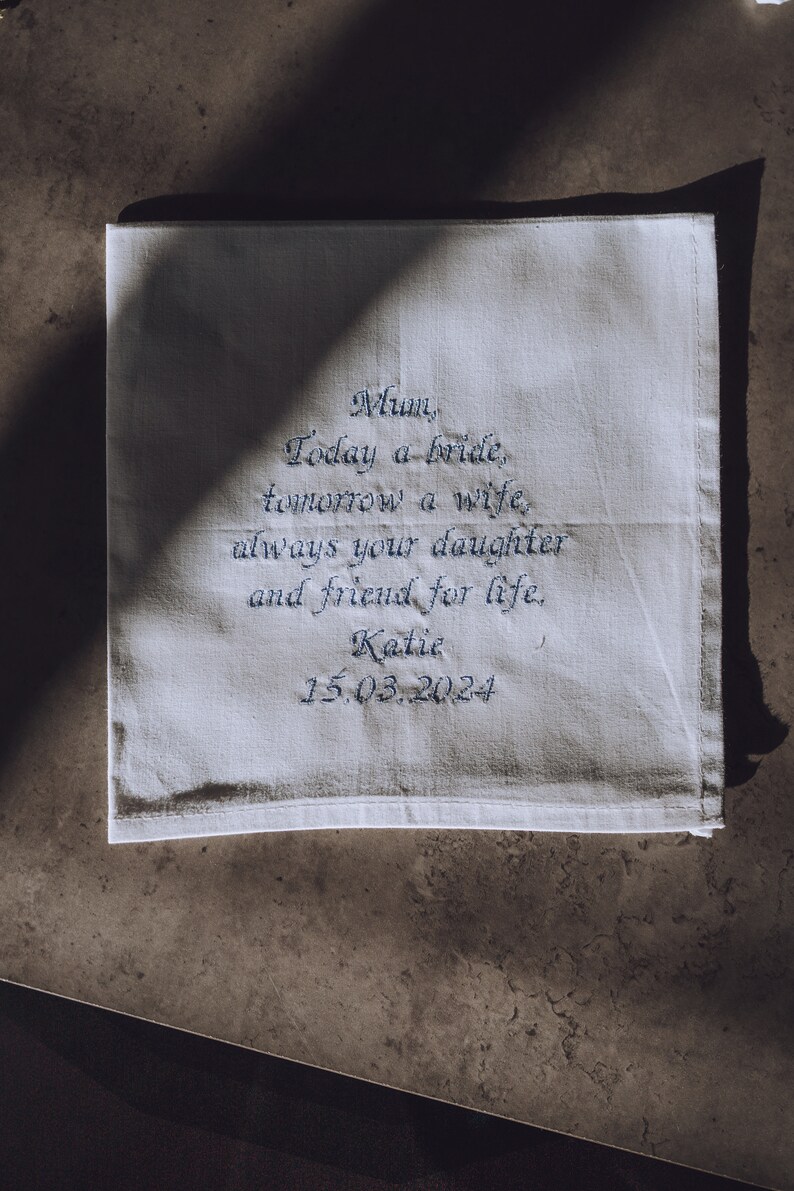 Mother Of The Bride Handkerchief Cotton Wedding Handkerchief Personalised Message Hanky Mother of the Bride Gift image 3