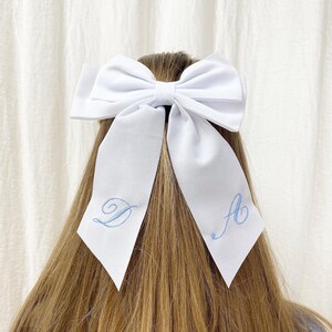 Classic White Velvet Bow Blue Monogram Embroidery image 3