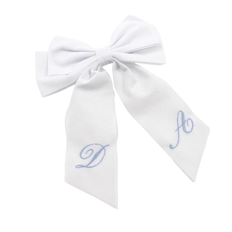 Classic White Velvet Bow Blue Monogram Embroidery image 4