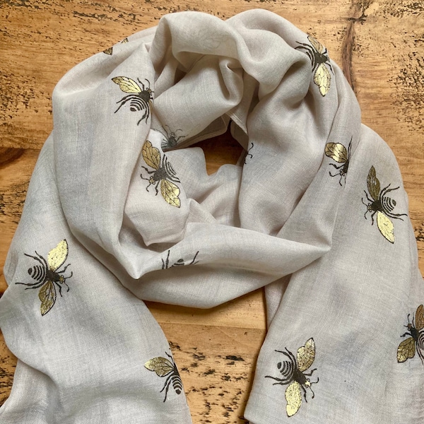 Sparkle Bee Print Scarf - Grey & Gold