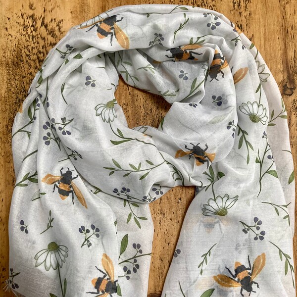 Gorgeous Spring Garden Bee Print Scarf - White