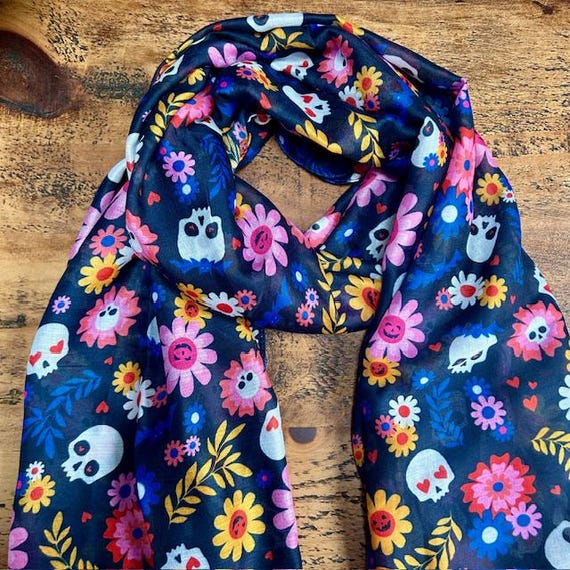 Premium Vibrant Floral Skull Scarf - Dark Navy - Etsy