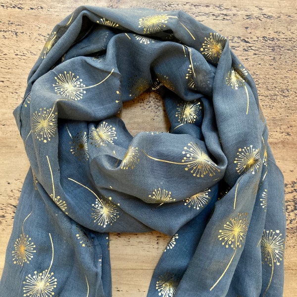 Soft Dandelion Print Scarf - Charcoal & Gold