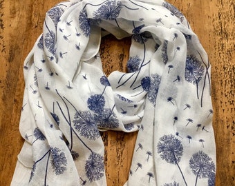 Soft Dandelion Print Scarf - White & Navy