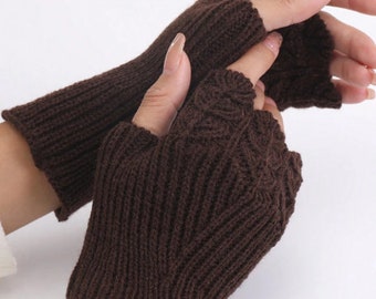 Warm Pretty Woolly Fingerless Gloves - Chocolate Brown