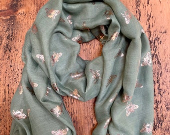 Gorgeous Gold Bumble Bee Print Scarf - Olive Green