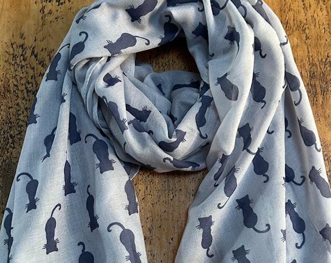 Beautiful Soft Cat Print Scarf - Grey & Navy