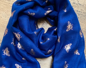 Gorgeous Gold Bumble Bee Print Scarf - Navy Blue