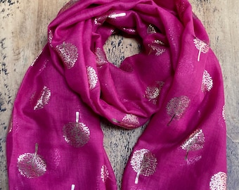 Soft Mulberry Tree Scarf - Raspberry Pink & Gold