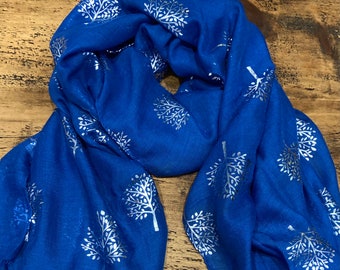 Soft Tree of Life Scarf - Blue & Silver