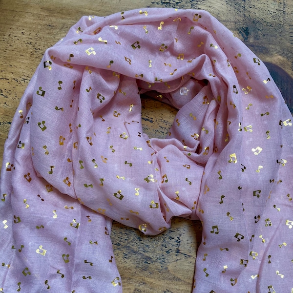 Lovely Metallic Music Notes Scarf - Pink & Gold