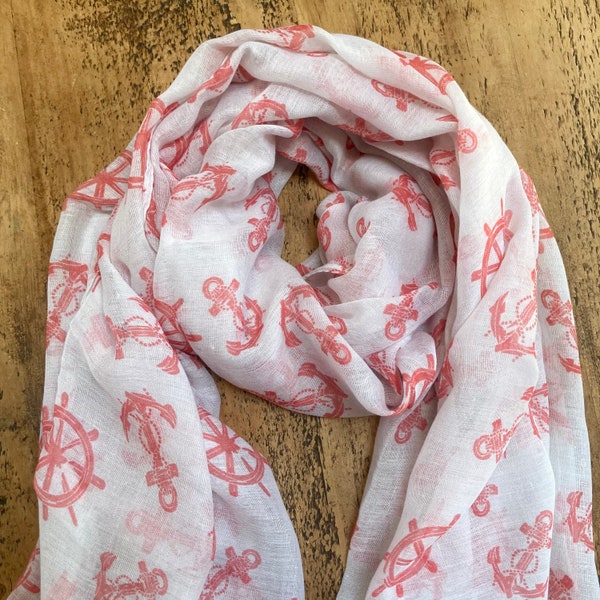 Nautical Anchor and Wheel Print Scarf - White & Pink