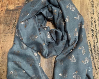 Cute Gold Bunny Rabbit Print Scarf - Grey