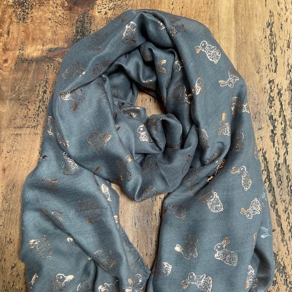 Cute Gold Bunny Rabbit Print Scarf - Grey