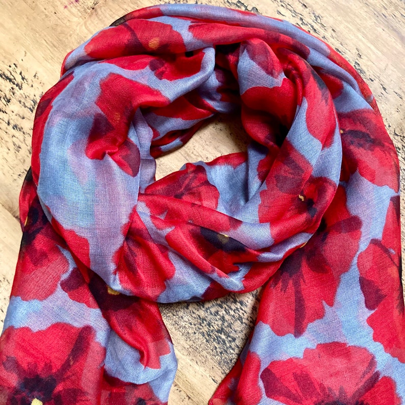 Poppy Print Scarf Grey & Red image 1