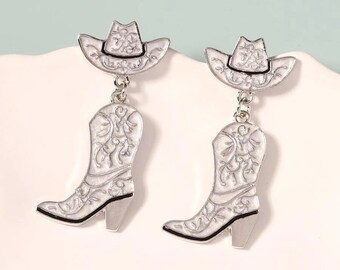 Grey Silver Cowgirl Hat & Boot Drop Earrings