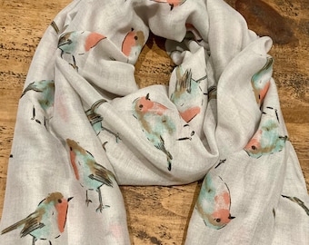 Cute Robin Print Scarf - Grey