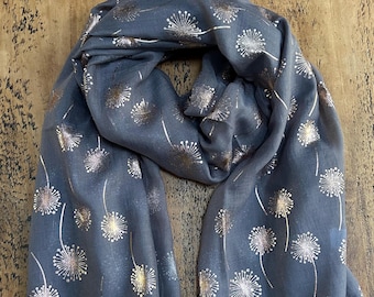 Premium Quality Soft Dandelion Print Scarf - Charcoal & Rose Gold
