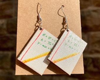 Wooden School Math Book Drop Earrings