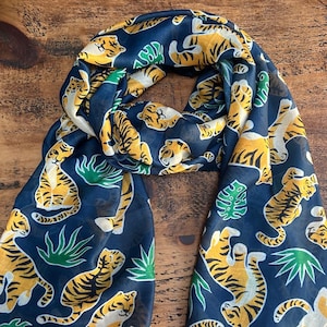 Beautiful Jungle Tiger & Leaf Scarf - Navy